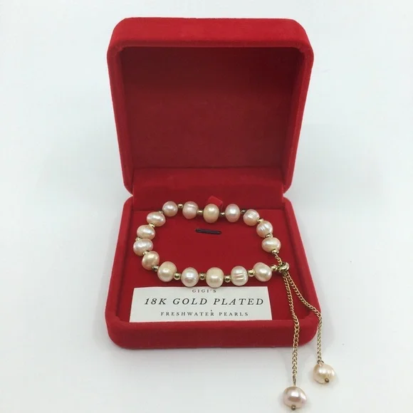 18k Gold Plated Freshwater Pearl Bracelet Anklet NEW in Original Box Adjustable - Picture 1 of 8